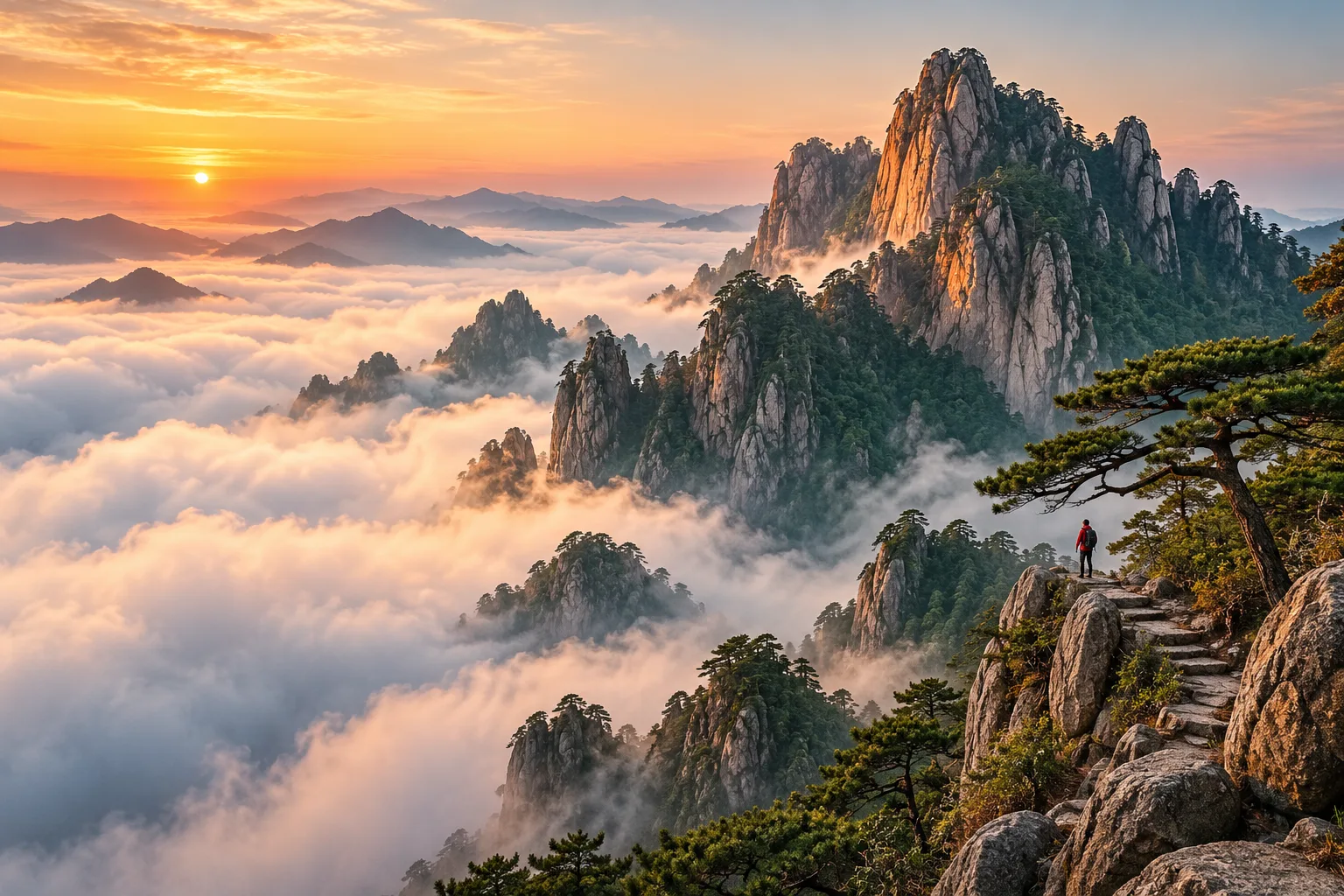 An artistic view of Huangshan peaks above a sea of clouds